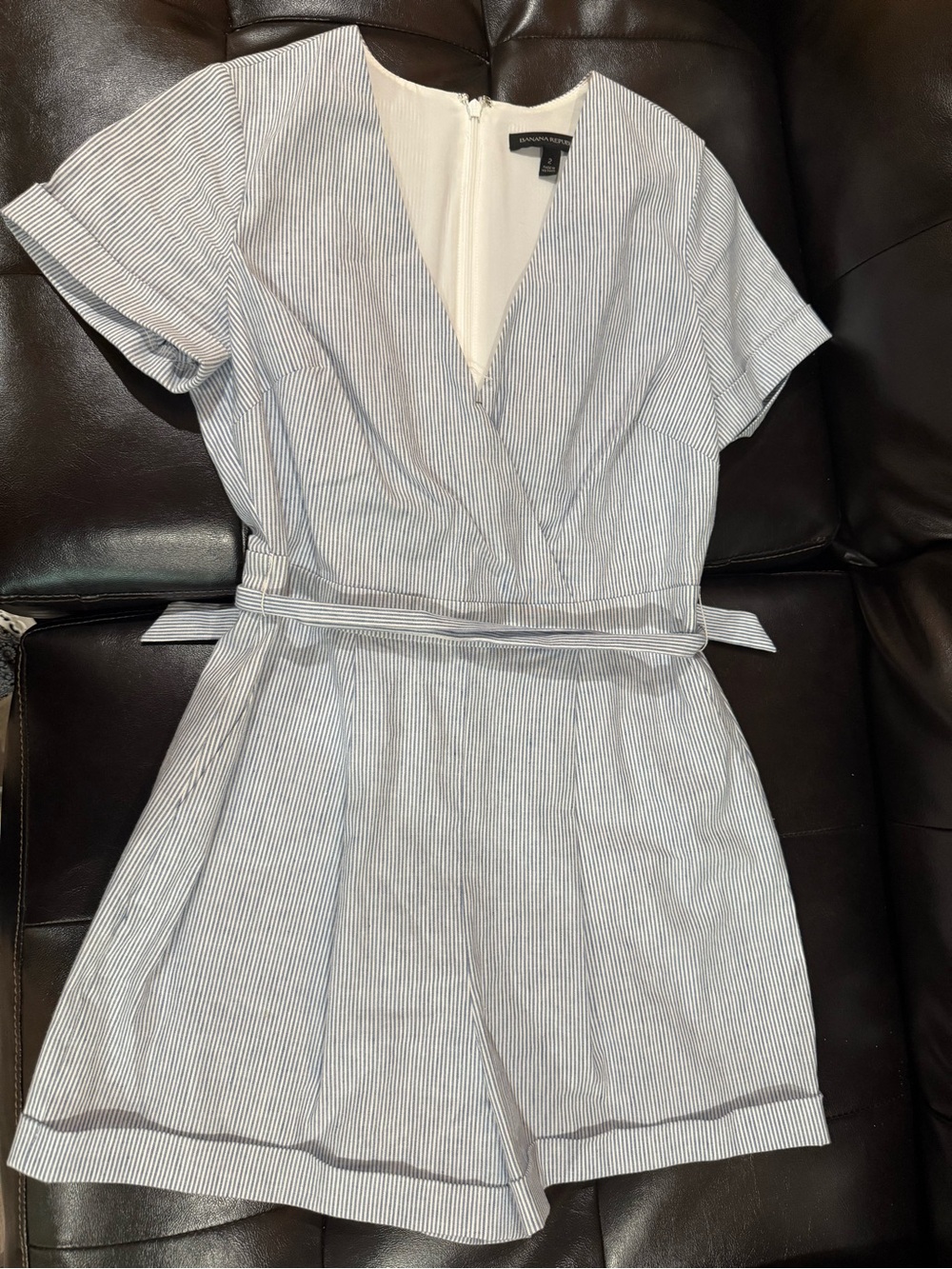 Banana Republic Light Blue & White Striped Wrap Romper